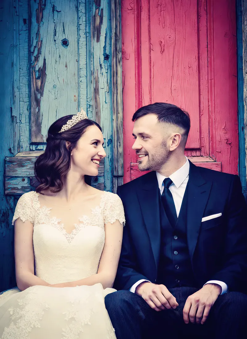 Bride and groom sitting in front of blue and red doors in Worcester Bride and groom sitting in front of blue and red doors in Worcester